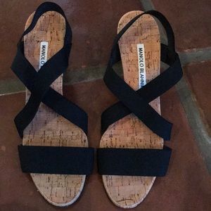 Manolo Blahnik cork black grosgrain sandals 371/2
